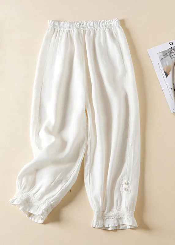 Casual Linen Lace Button Elastic Waist Harem Pants Summer AM1065