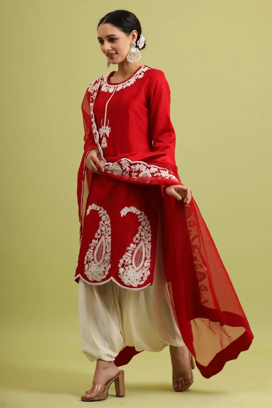 Cherry Red Embroidered Kurta set with Harem Pants