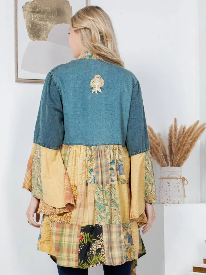 Denim Embroidered Patchwork Kimono