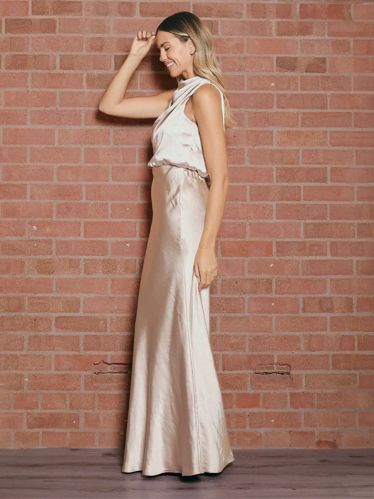 Drape Neck Maxi Satin Dress / Champagne