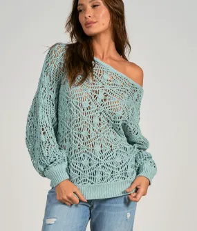 ELN Off Shoulder Crochet Sweater-Blue