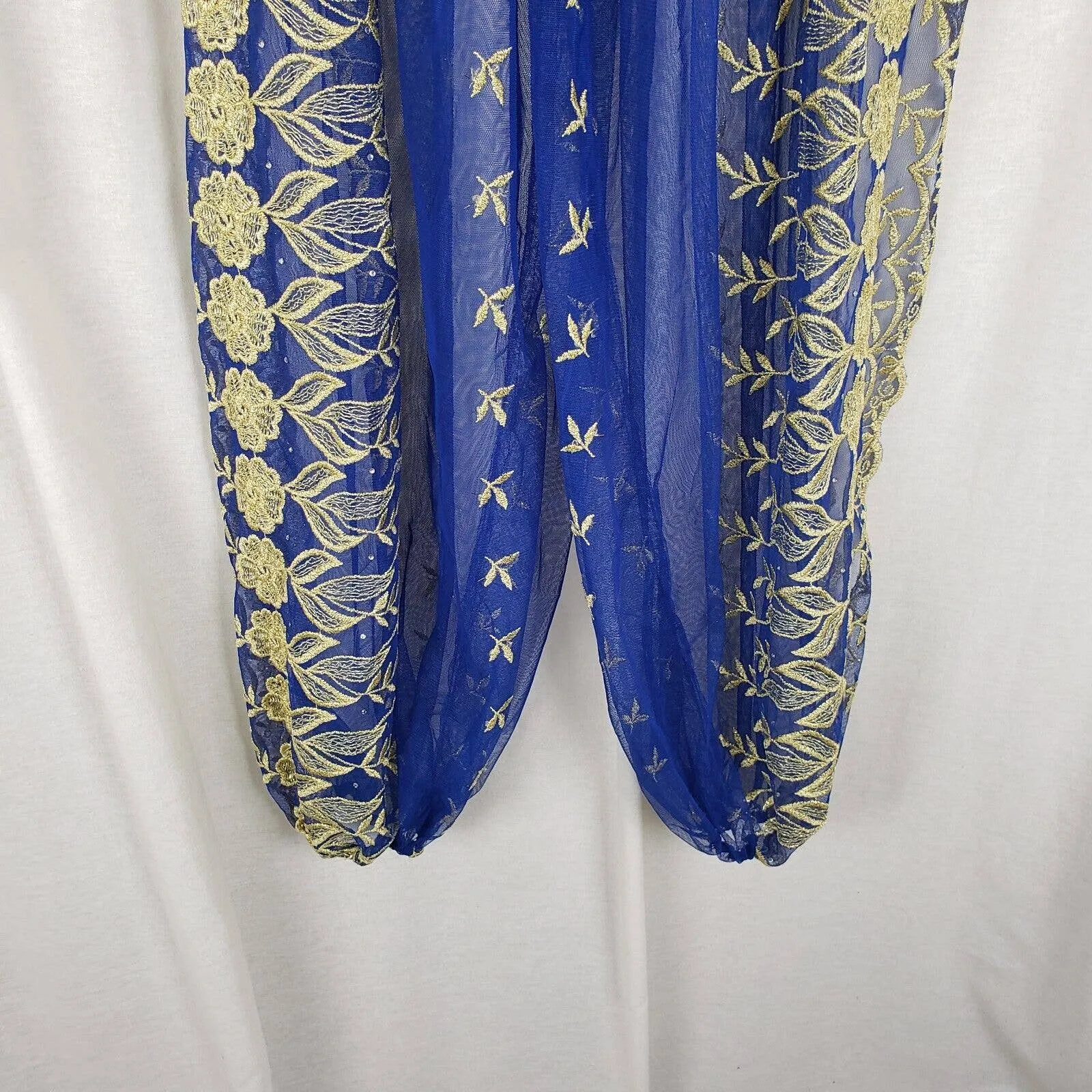 Embroidered Sheer Harem Pants Trousers Open Slit Leg Womens M Blue & Gold Cuffed