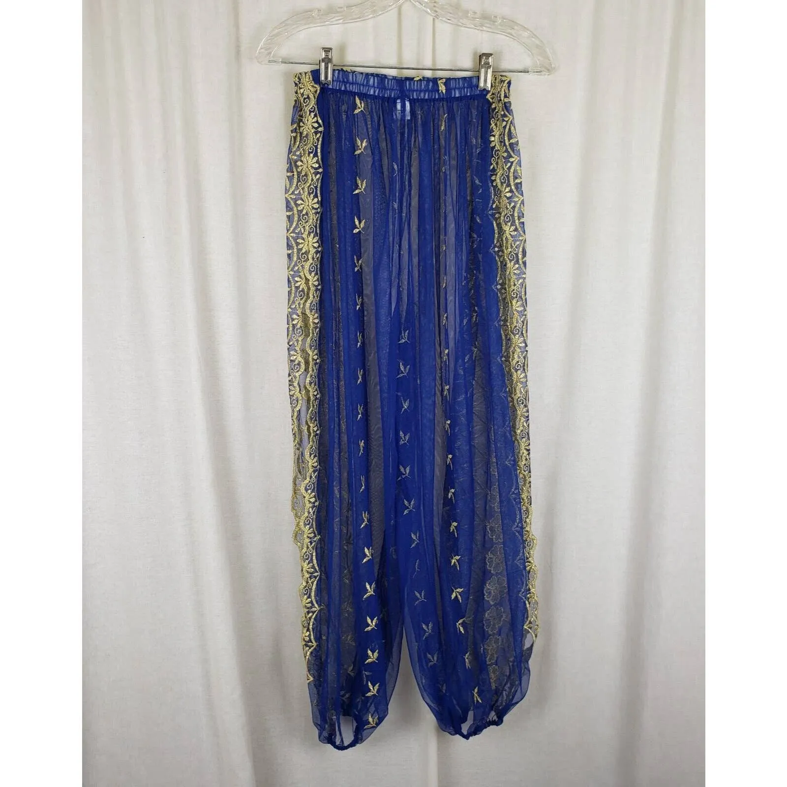 Embroidered Sheer Harem Pants Trousers Open Slit Leg Womens M Blue & Gold Cuffed