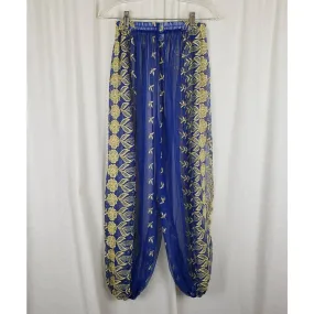 Embroidered Sheer Harem Pants Trousers Open Slit Leg Womens M Blue & Gold Cuffed