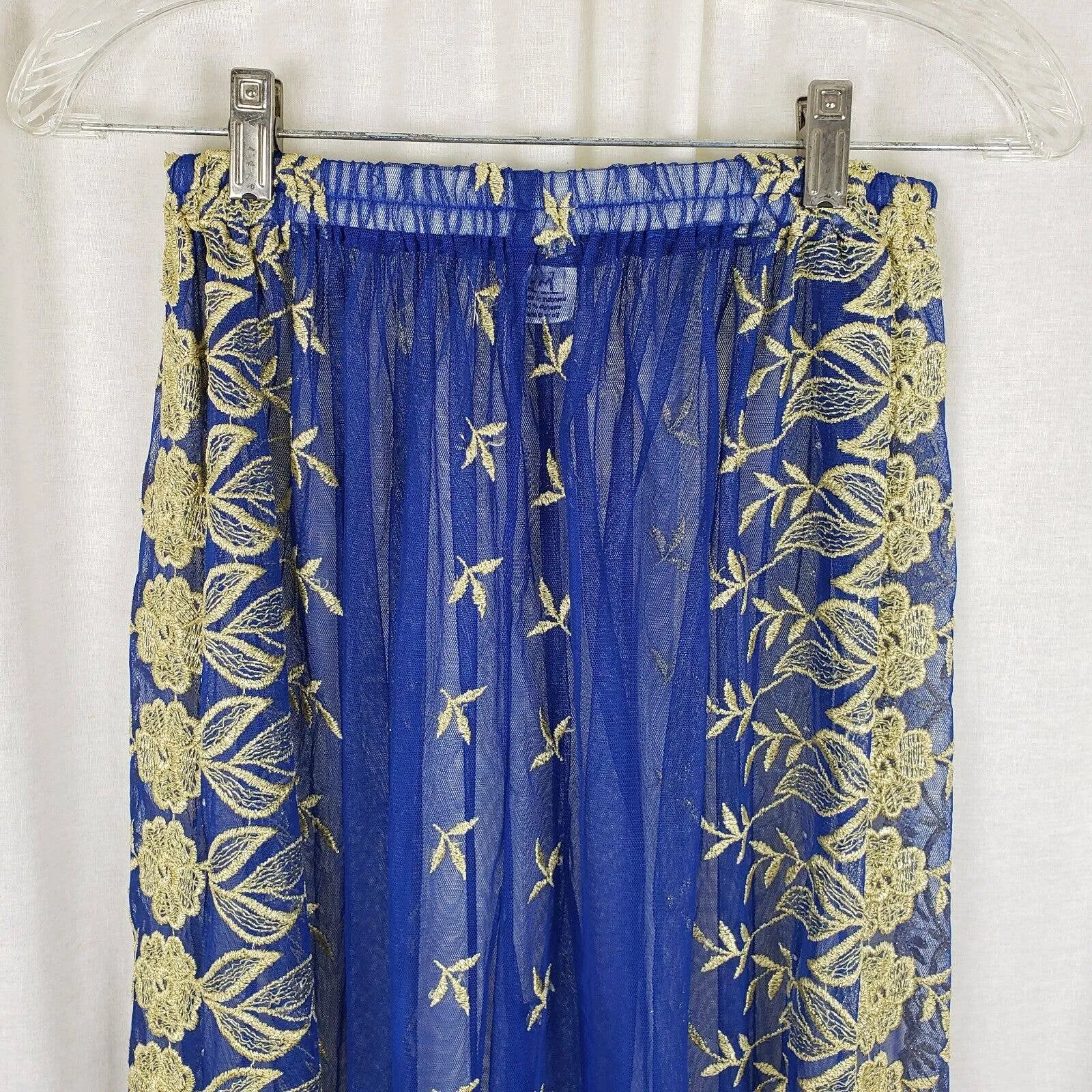 Embroidered Sheer Harem Pants Trousers Open Slit Leg Womens M Blue & Gold Cuffed