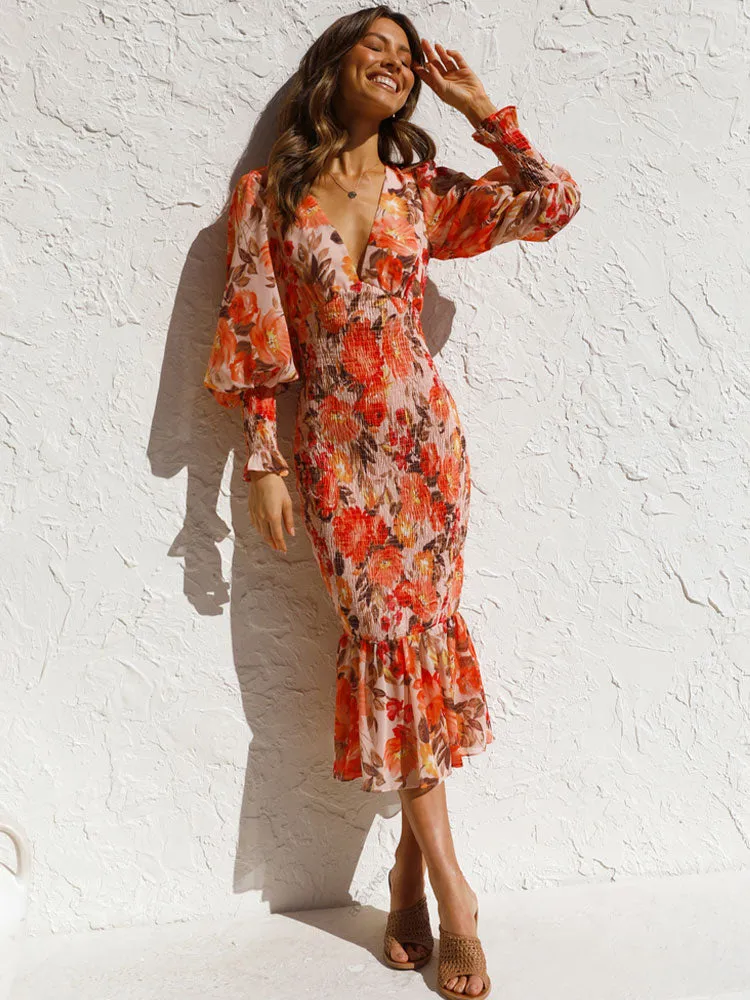 FashionSierra - Women Sexy V Neck Floral Printed Ruffle Maxi Dresses