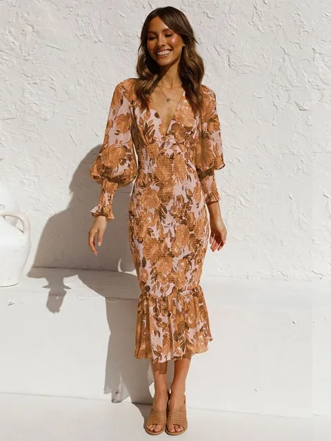 FashionSierra - Women Sexy V Neck Floral Printed Ruffle Maxi Dresses