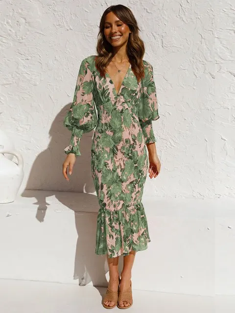 FashionSierra - Women Sexy V Neck Floral Printed Ruffle Maxi Dresses