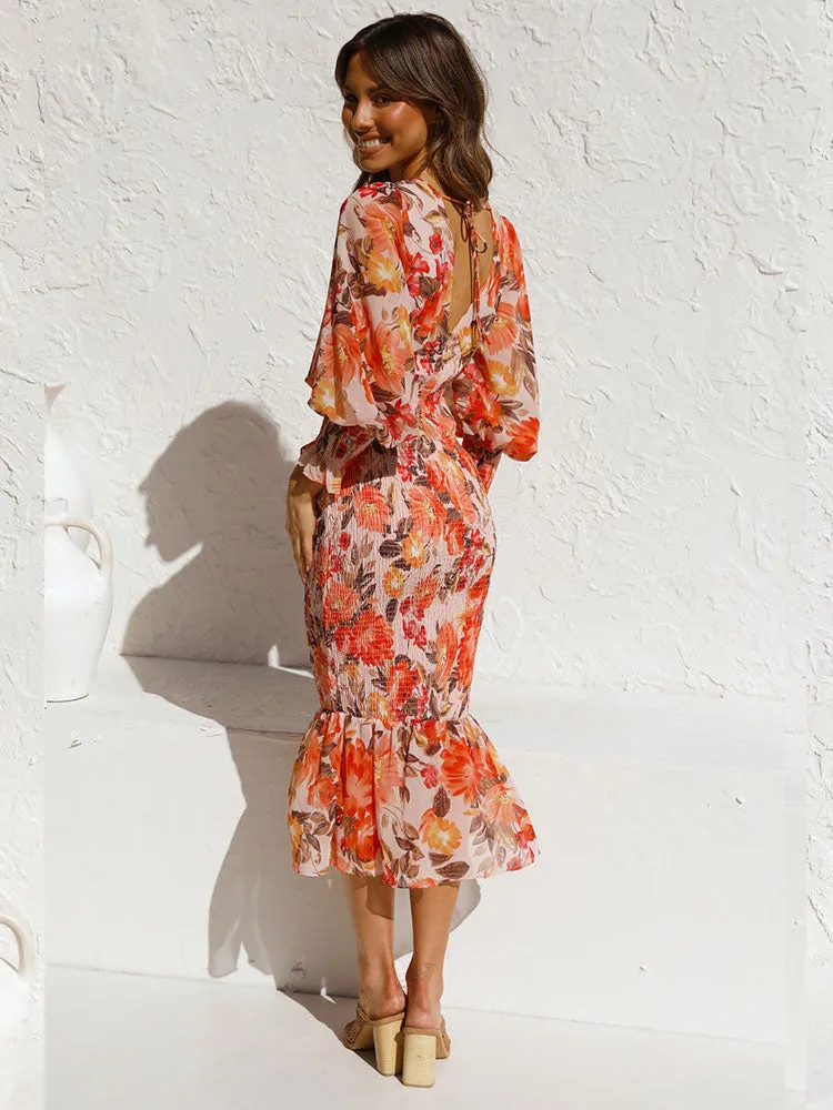 FashionSierra - Women Sexy V Neck Floral Printed Ruffle Maxi Dresses