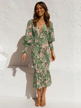 FashionSierra - Women Sexy V Neck Floral Printed Ruffle Maxi Dresses