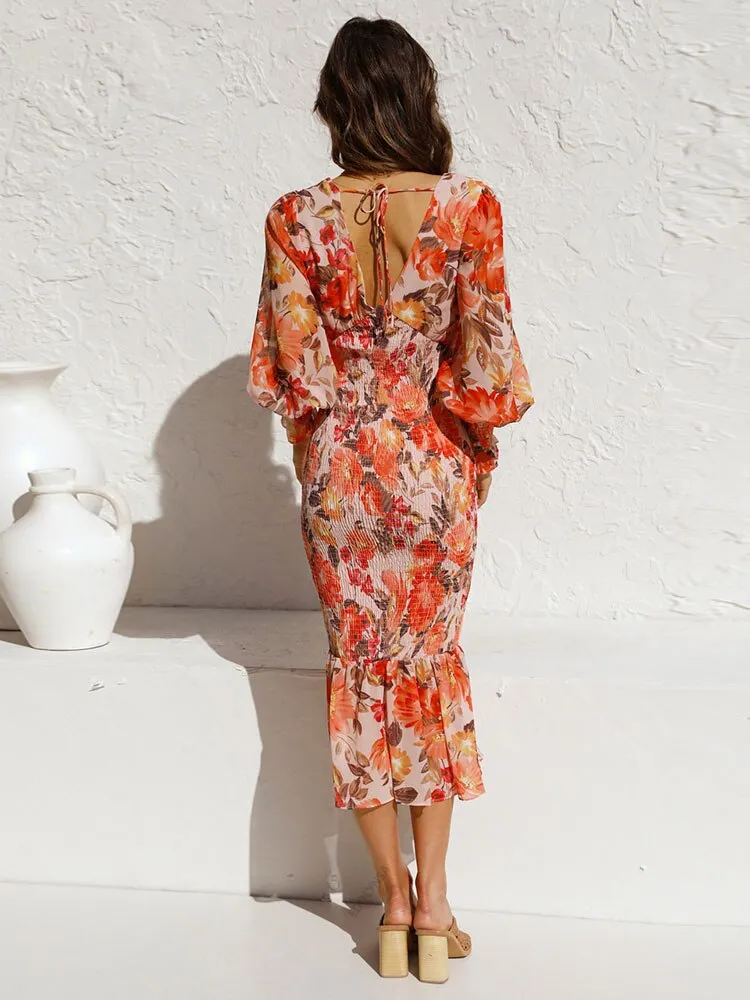 FashionSierra - Women Sexy V Neck Floral Printed Ruffle Maxi Dresses