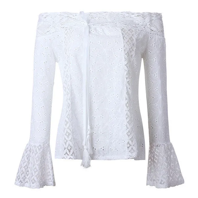 FUNOC Sexy Off Shoulder Blusas Long Sleeve Chiffon Blouses Shirt Women Tops Lace Up White Shirts Hollow Out Boho Women Top 2018