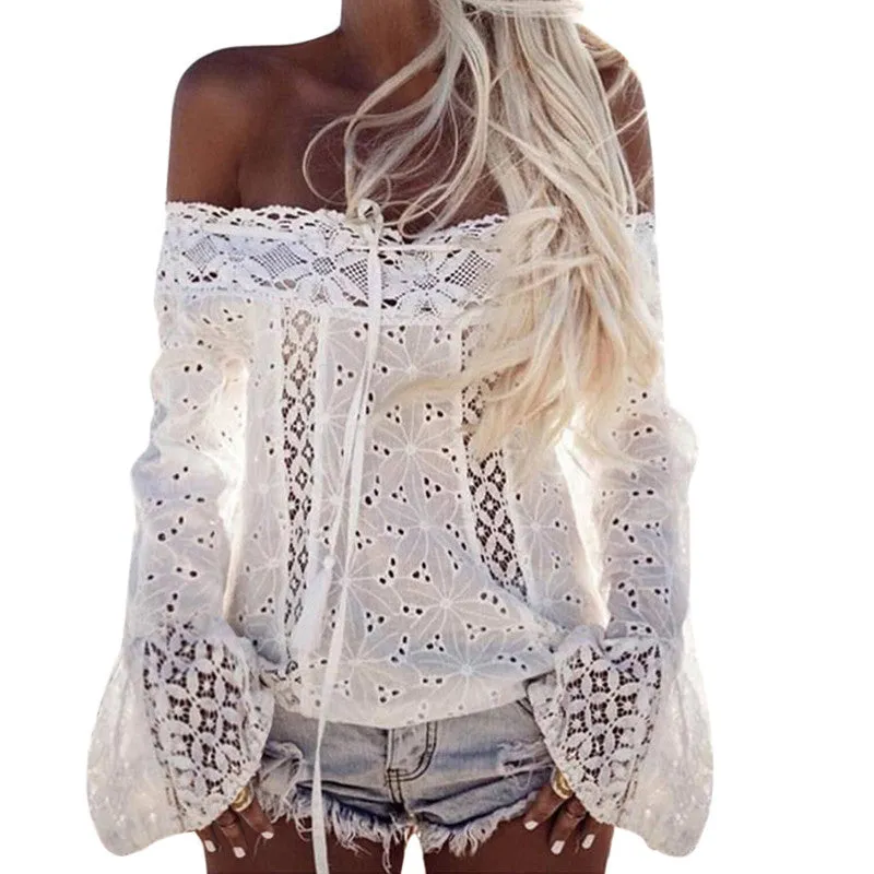 FUNOC Sexy Off Shoulder Blusas Long Sleeve Chiffon Blouses Shirt Women Tops Lace Up White Shirts Hollow Out Boho Women Top 2018