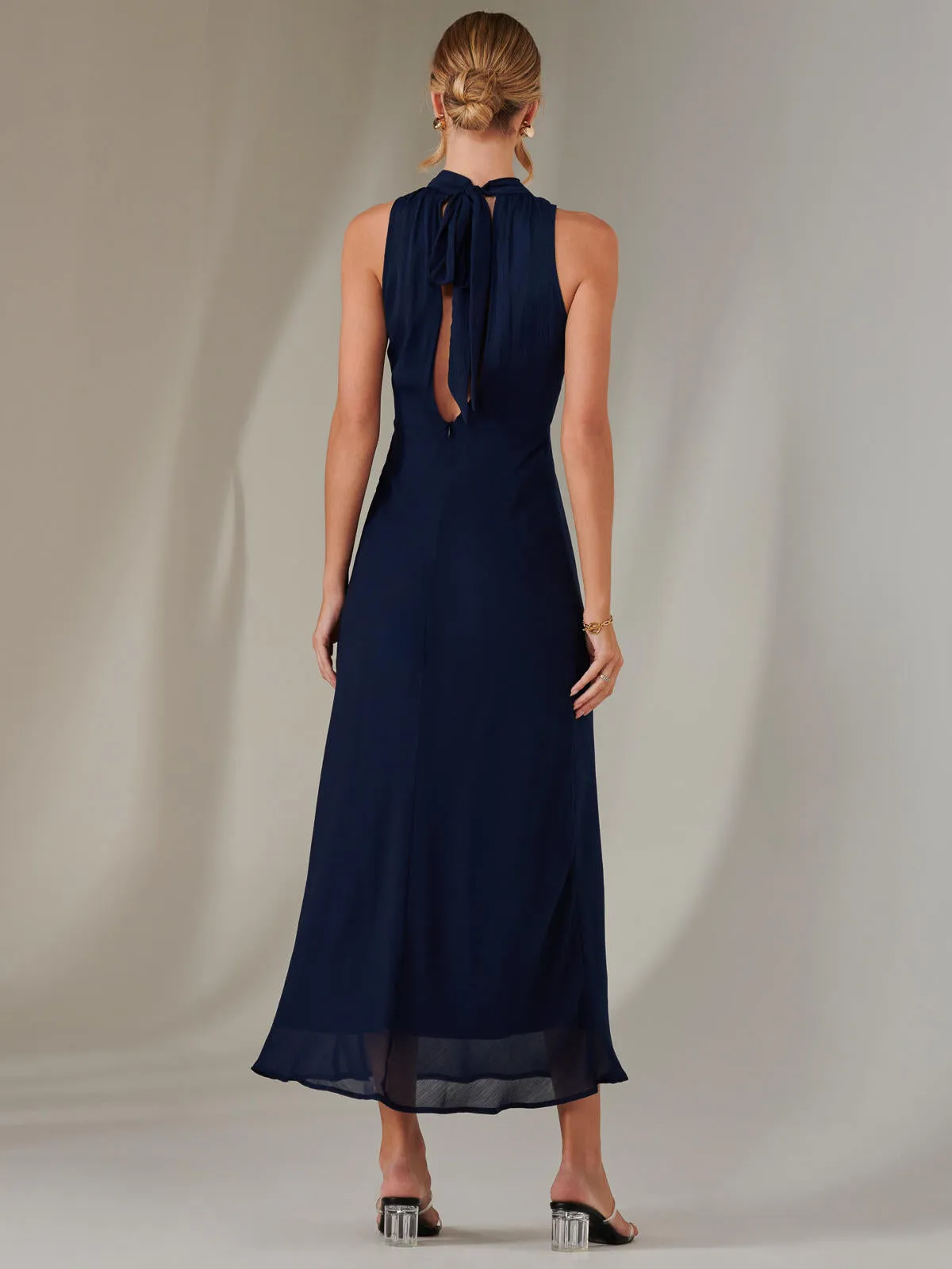 Halter Neck Open Back Chiffon Maxi Dress, Navy