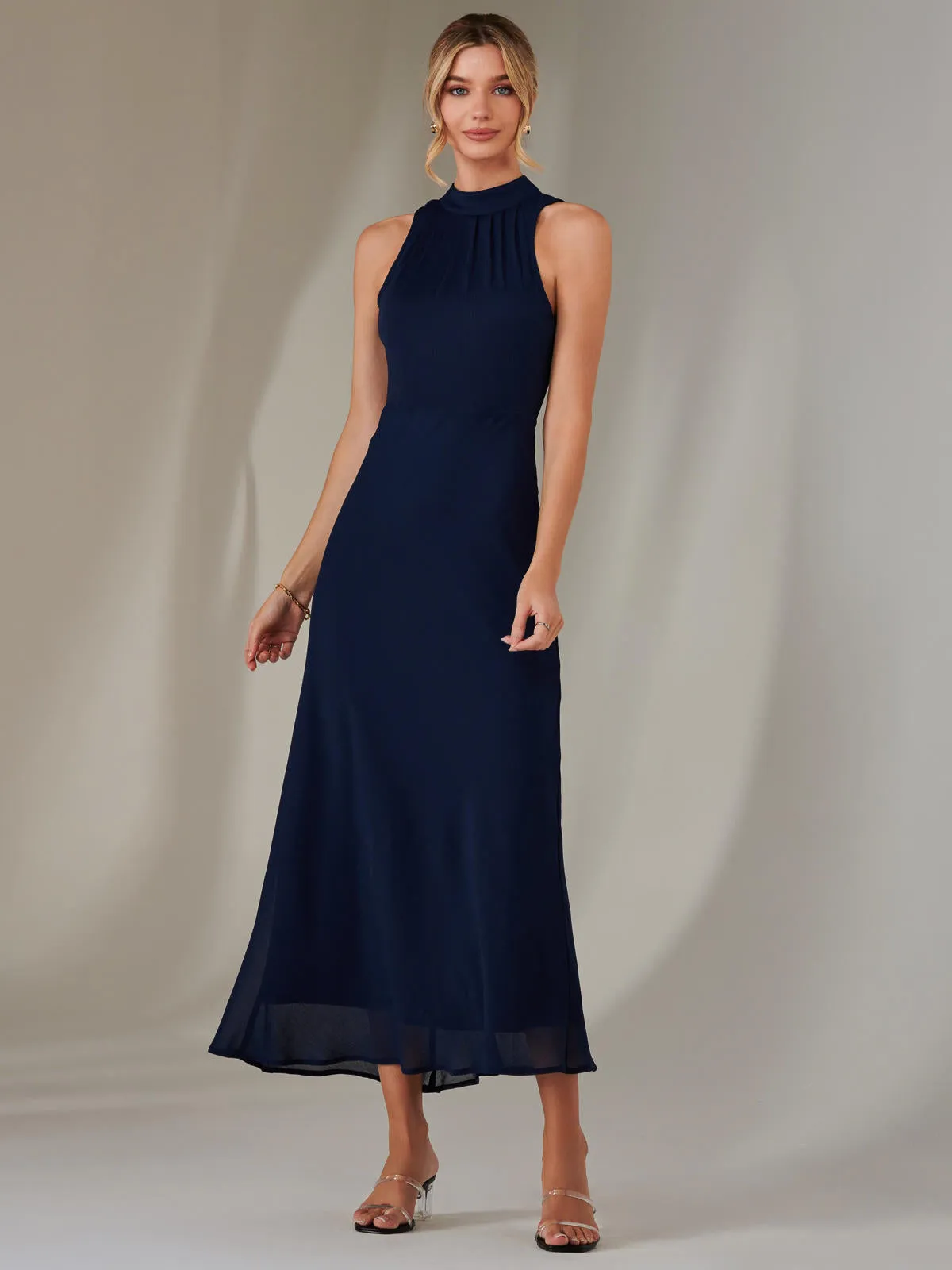 Halter Neck Open Back Chiffon Maxi Dress, Navy