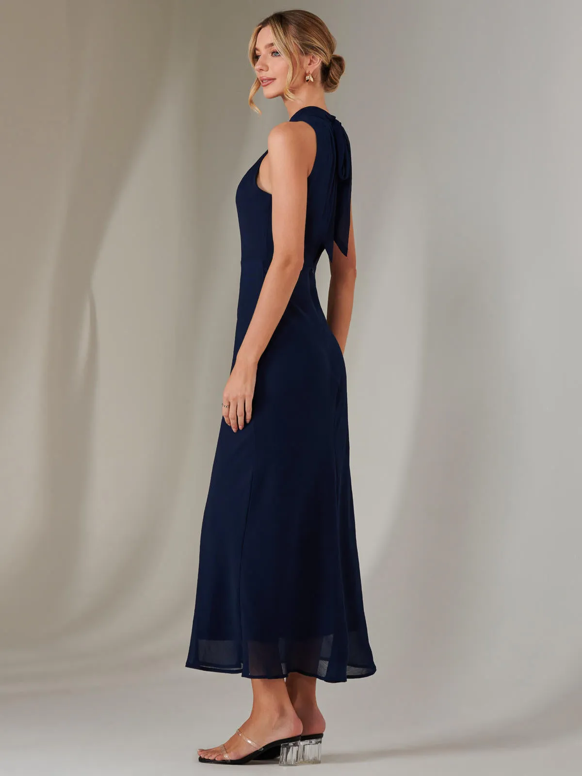 Halter Neck Open Back Chiffon Maxi Dress, Navy