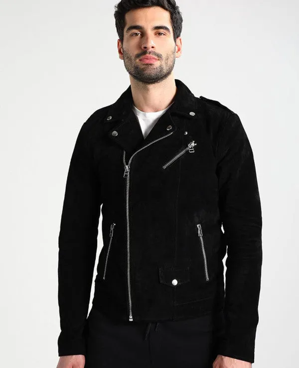 Heloris Black Biker Suede Leather Jacket