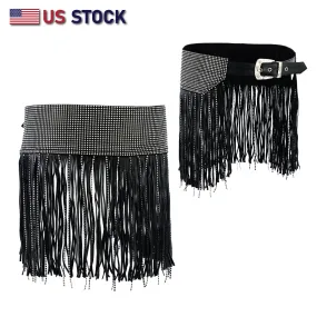 HL90260BLING Women Leather Tassel Bling Hip Belt for Vintage Western Design Black Waist Belt