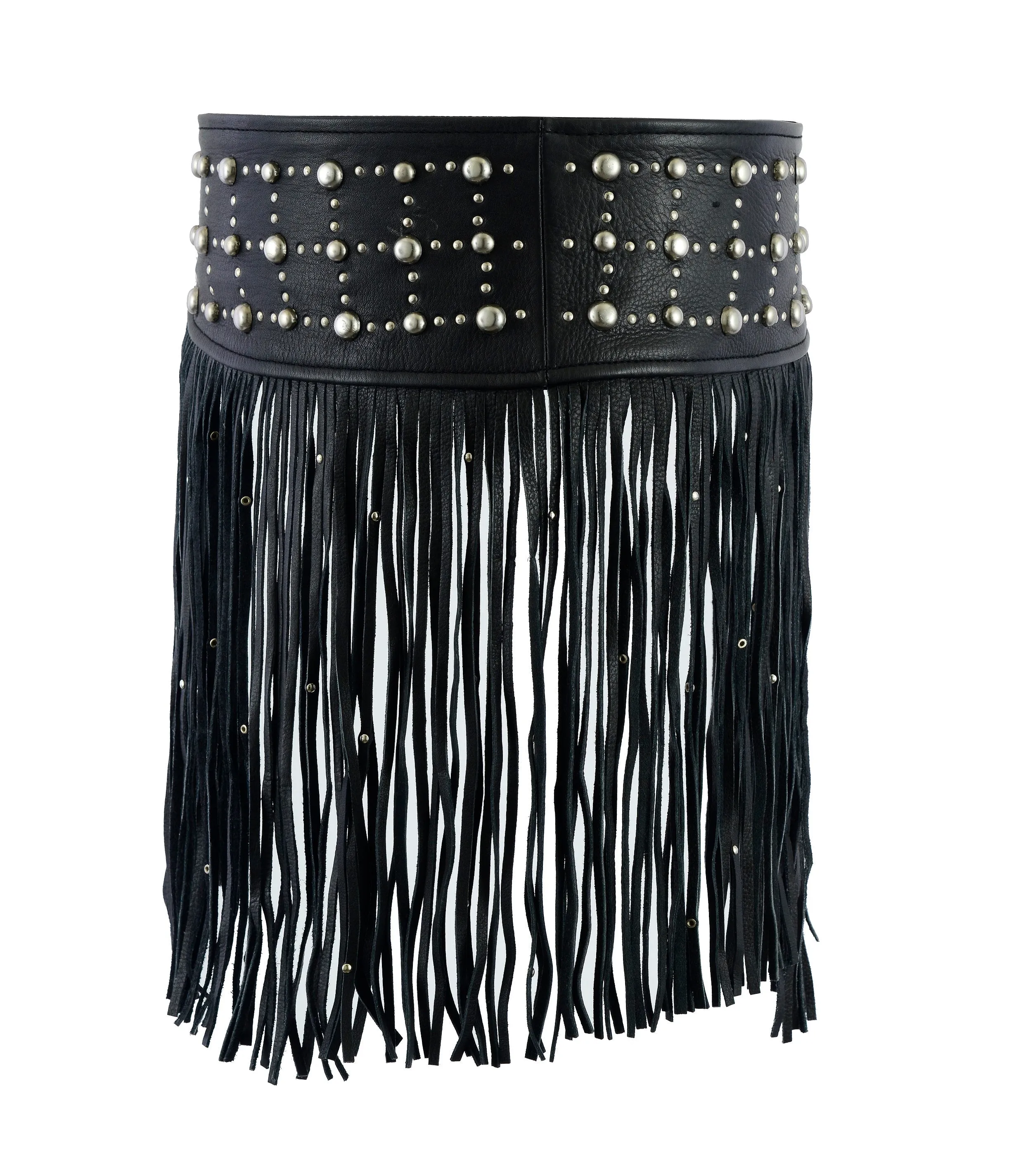 HL90260STUDWomen Leather Tassel Stud Hip Belt for Vintage Western Design Black Waist Belt