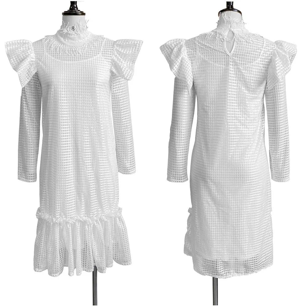 Hollow Long Sleeves Ruffle Trim Sling Dress 2 Piece Wholesale Womens Clothing N3823101700036