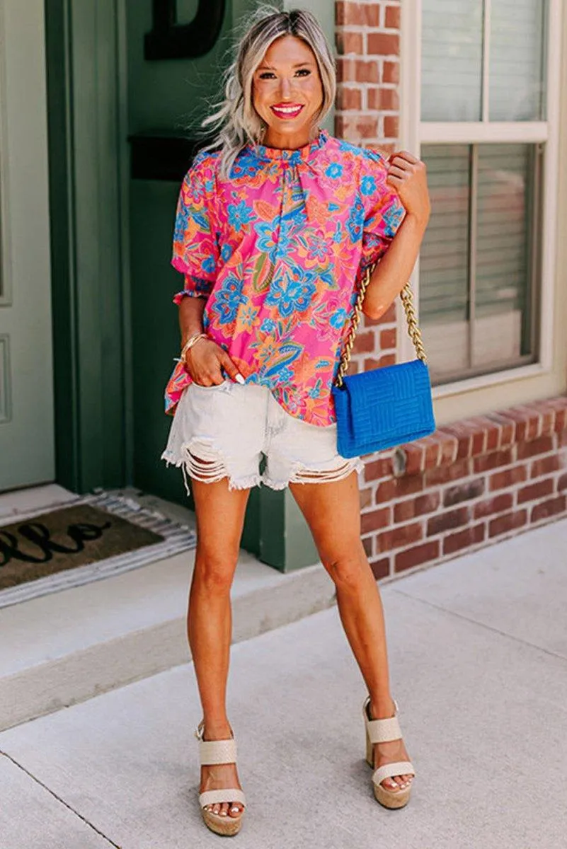 Hot Pink Boho Floral Blouse