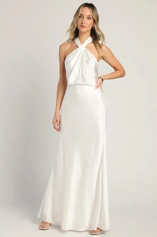 Ivory Cross Neck Cut Out Back Satin Maxi Dress