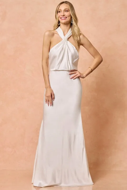 Ivory Cross Neck Cut Out Back Satin Maxi Dress