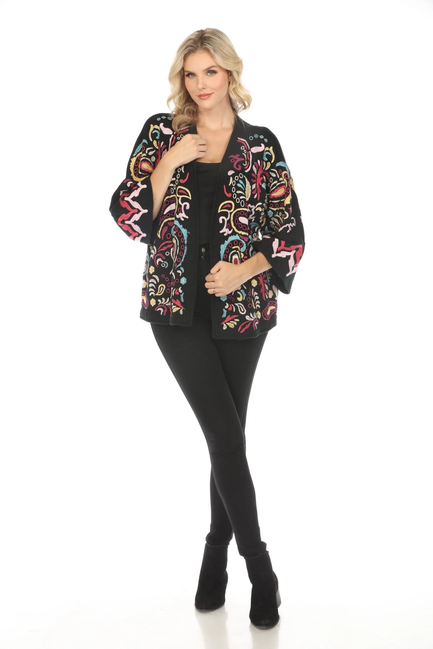 Johnny Was Biya Black Fletcher Embroidered Short Kimono Boho Chic B56424