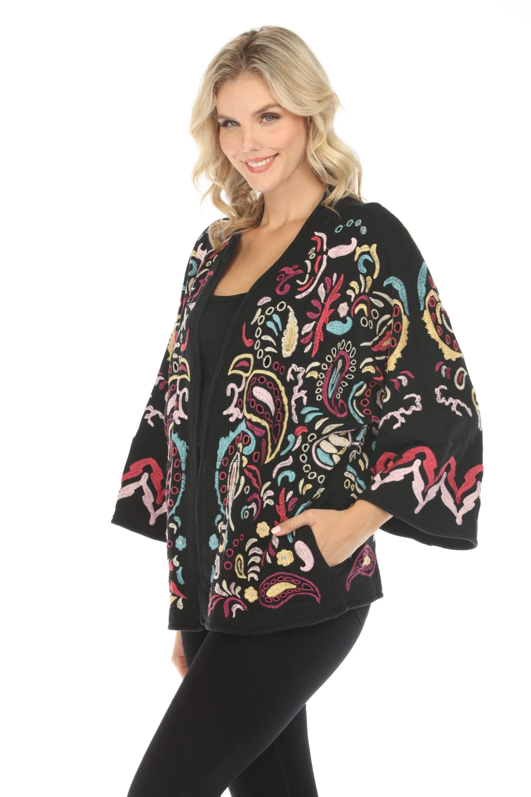 Johnny Was Biya Black Fletcher Embroidered Short Kimono Boho Chic B56424