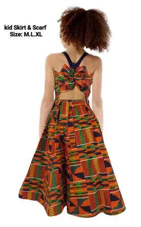 Kids / Girls  Skirt & Scarf Set-Dark kente IB42