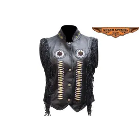 Ladies Leather Top with Beads, Bone, Braids and Fringes