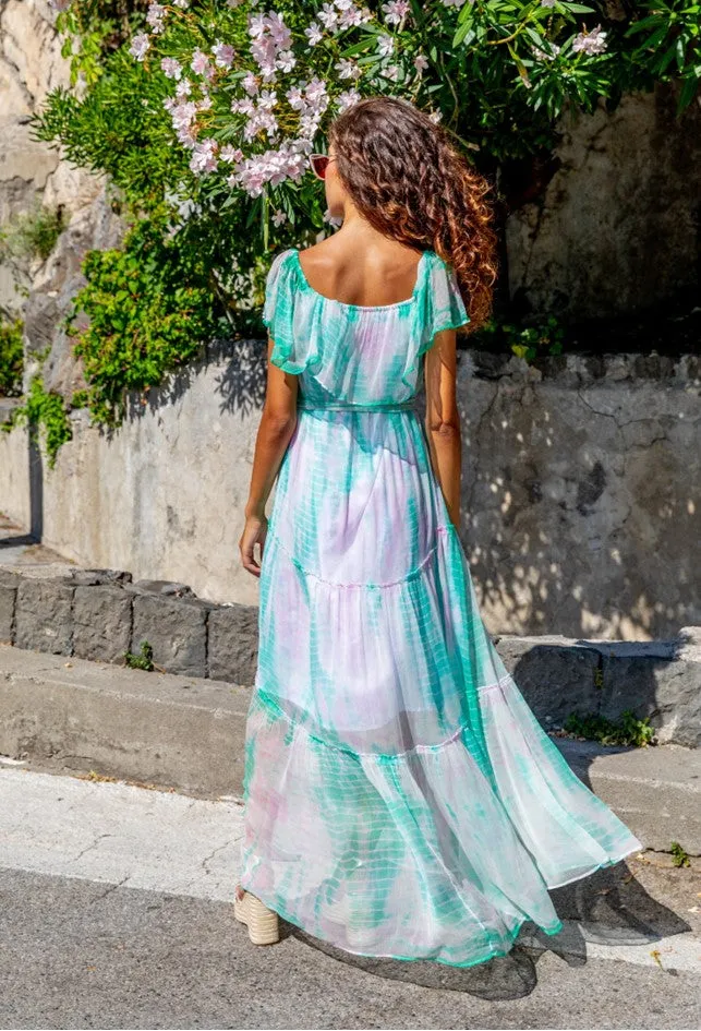 Lilac Aqua Silk Maxi Dress