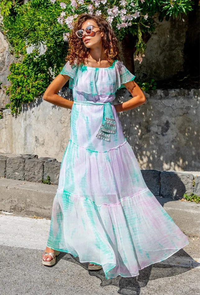 Lilac Aqua Silk Maxi Dress