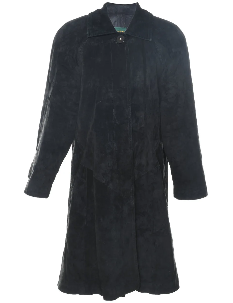 Long Black Button-Front Suede Jacket - XS