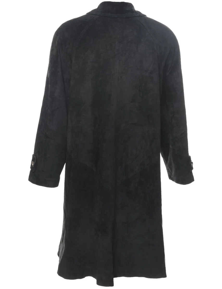 Long Black Button-Front Suede Jacket - XS