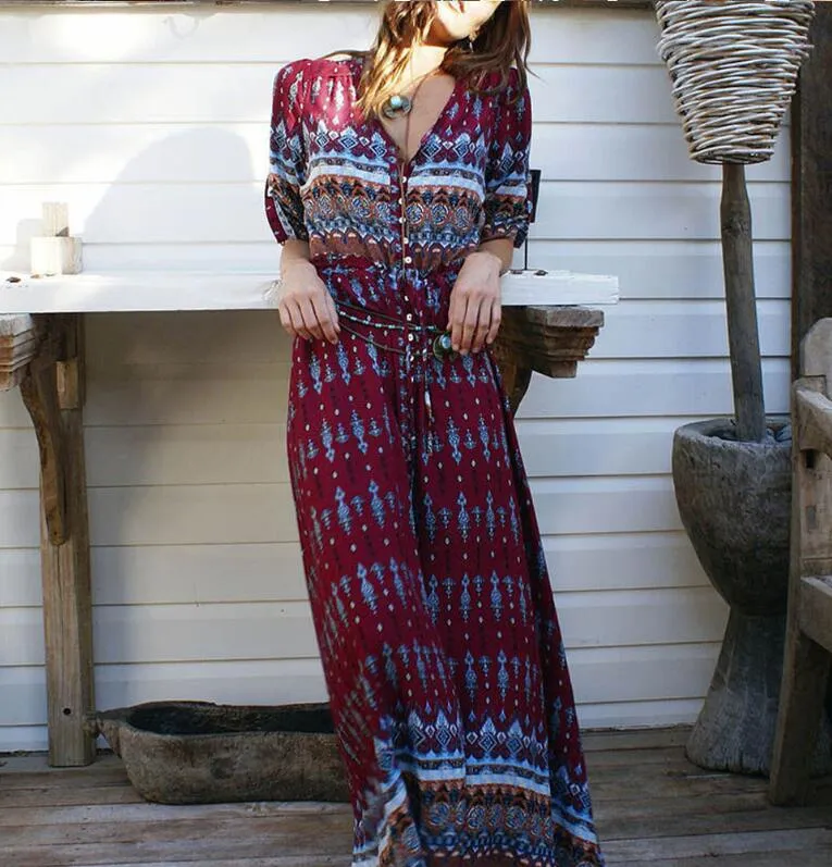 Long Maxi Dresses Bohemia Style V-neck Split Side Dresses