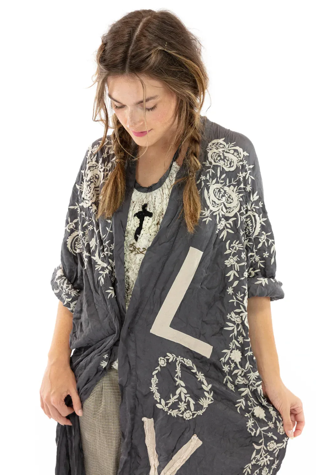 LOVE applique kimono | 505 midnight Magnolia Pearl