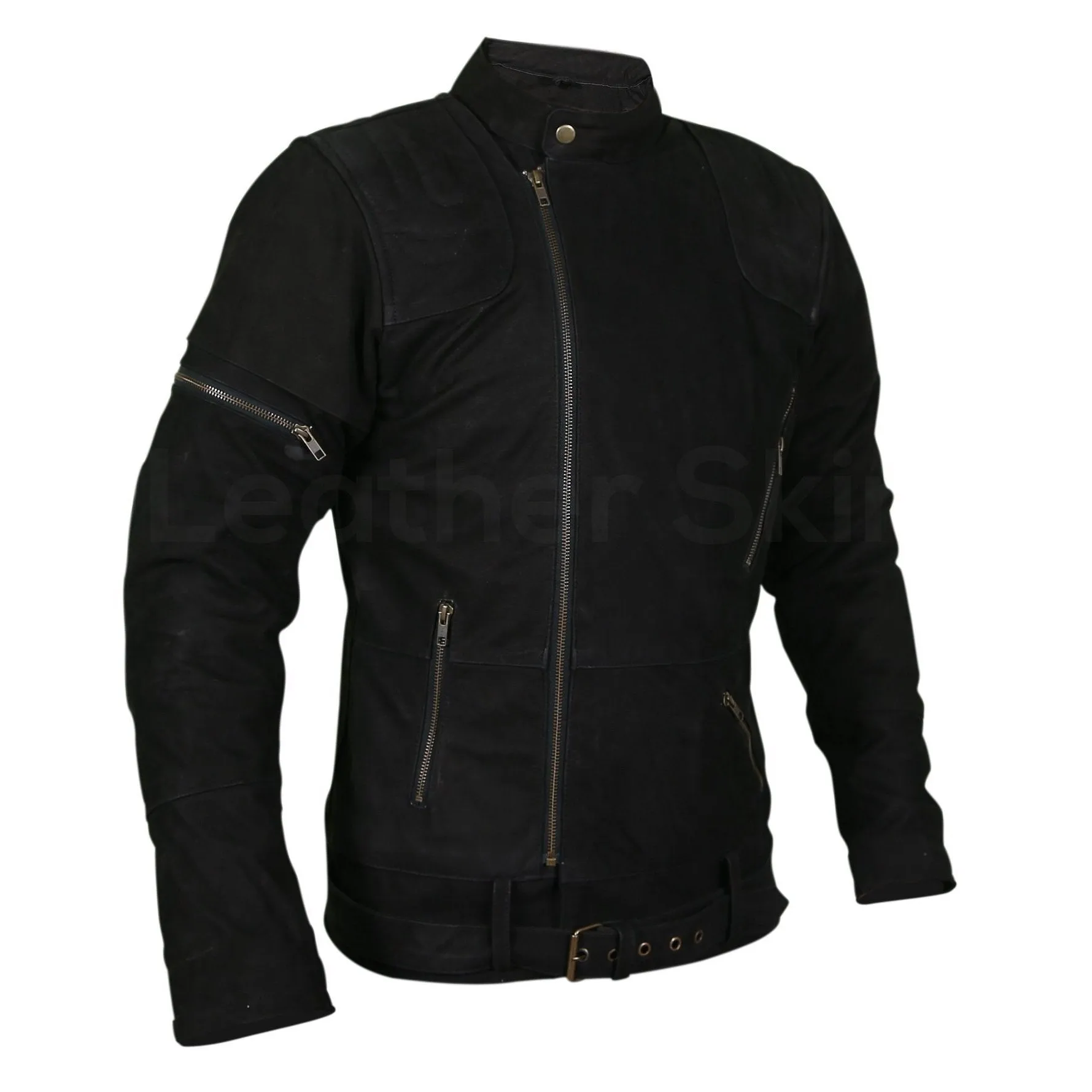 Men Black Suede Belted Leather Jacket with Zippers on Shoulders