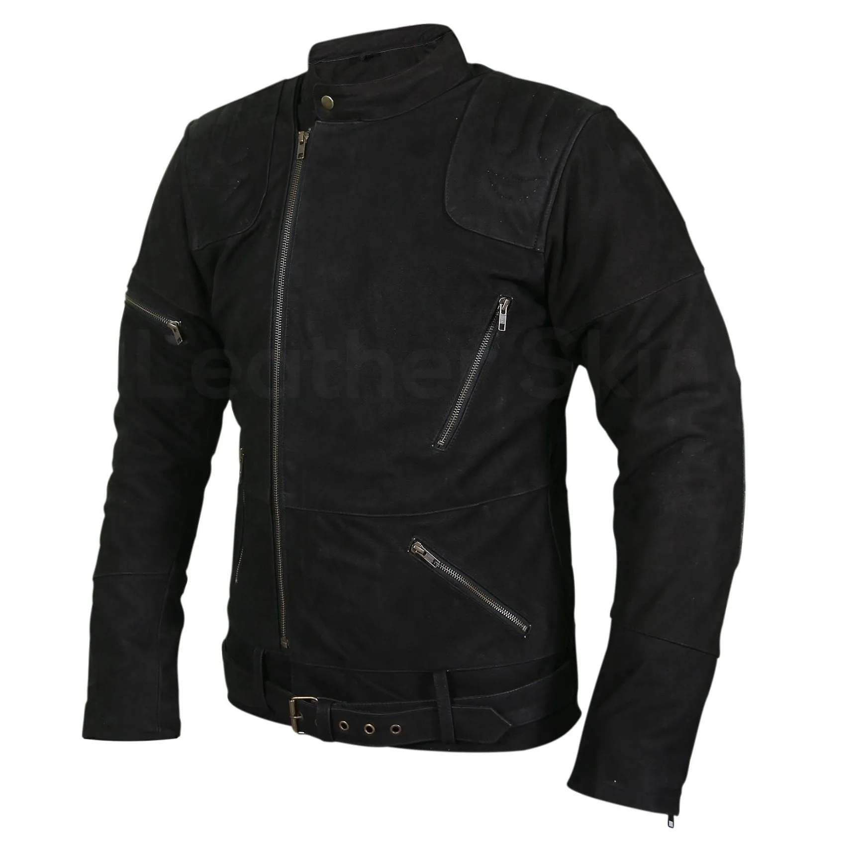 Men Black Suede Belted Leather Jacket with Zippers on Shoulders