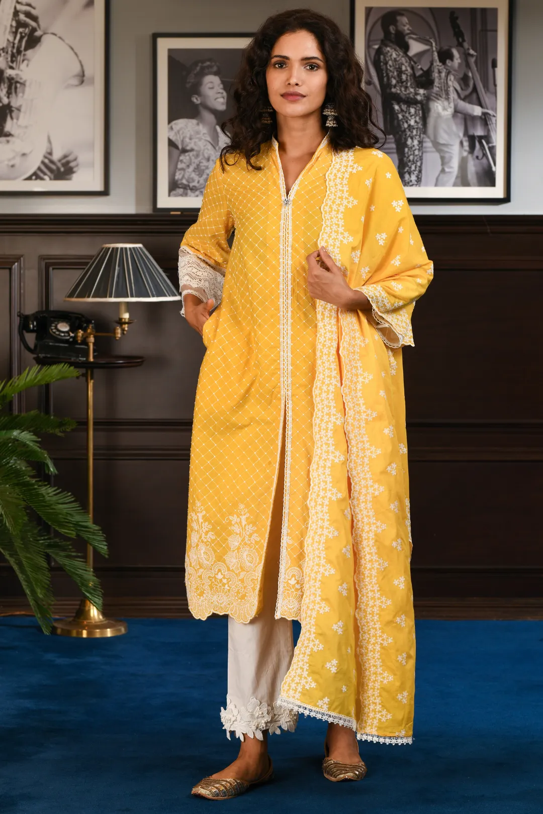 Mulmul Cotton Cayo Yellow Kurta With Hibiscus pyajamas