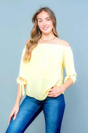 Off Shoulder Blouse with Spaghetti Straps, 3/4 Sleeves, Ties at Cuff, and Sweep Hem (T18325)