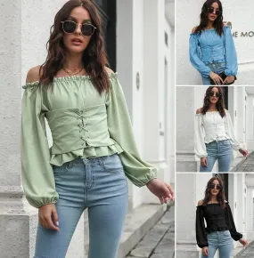 Off shoulder corset front long sleeve boho blouses