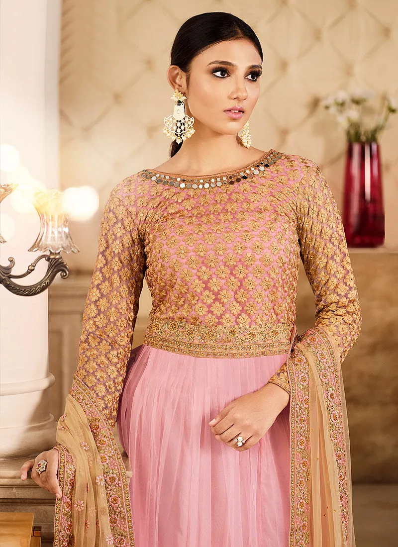 Pink Golden Zari Embroidered Designer Anarkali Suit