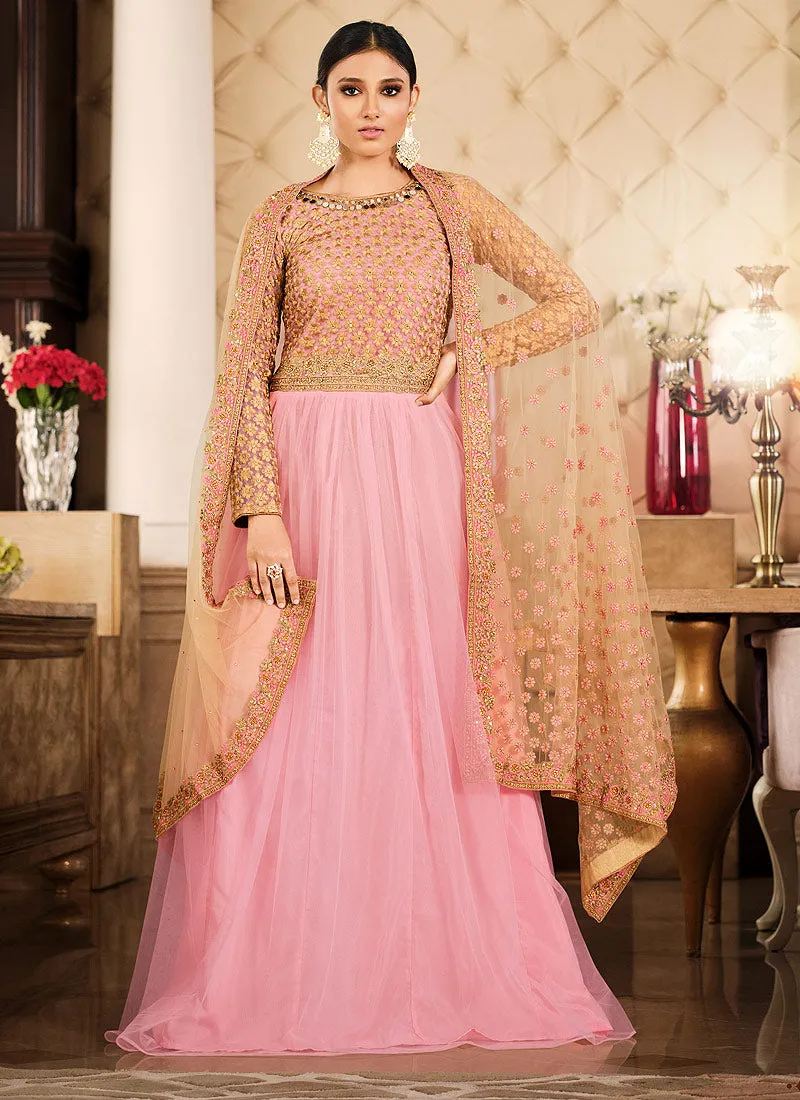 Pink Golden Zari Embroidered Designer Anarkali Suit