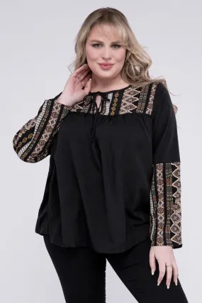 Plus Boho Patchwork Tie Neck Blouse