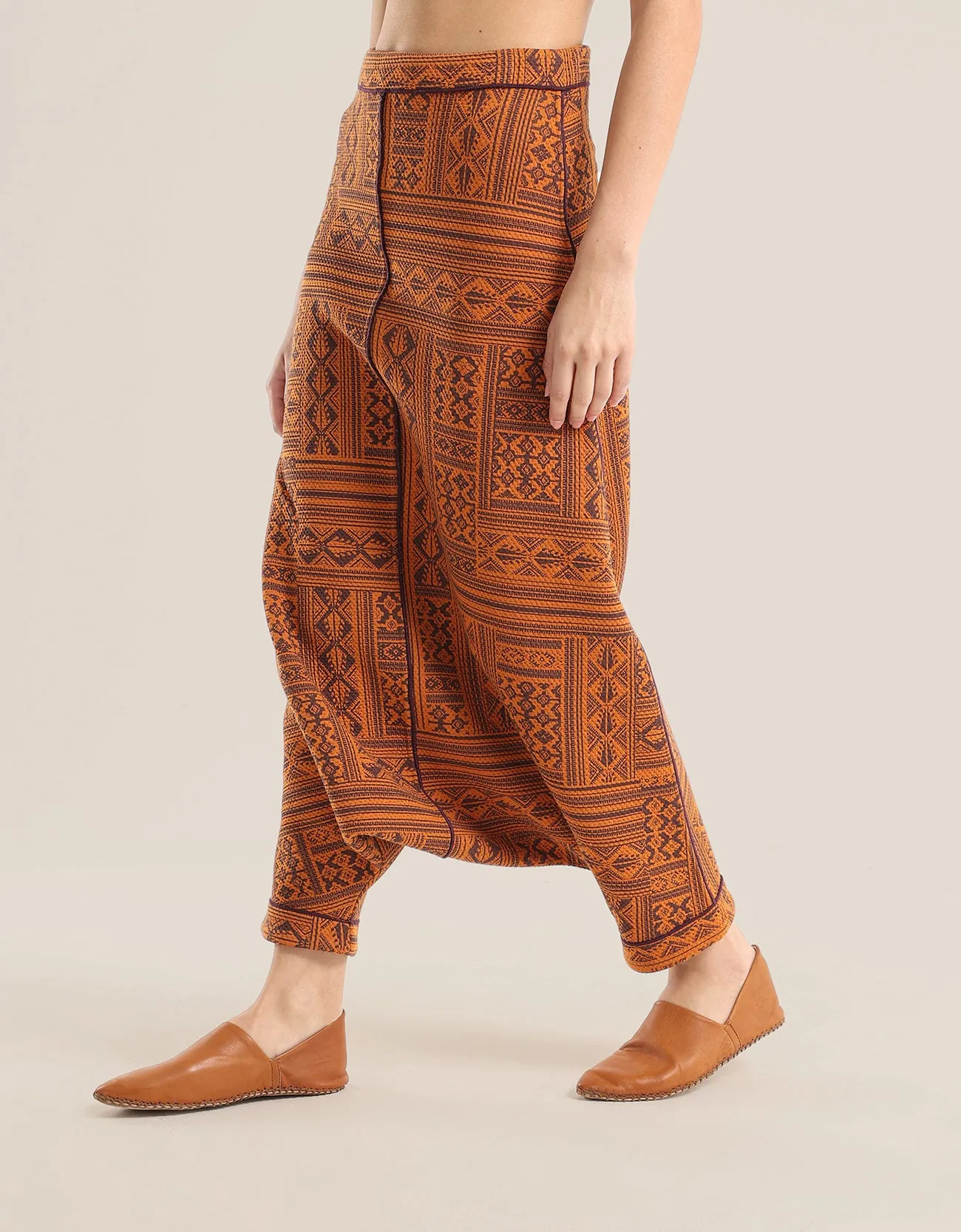 printed quilted  harem pants with contrast colour stitching