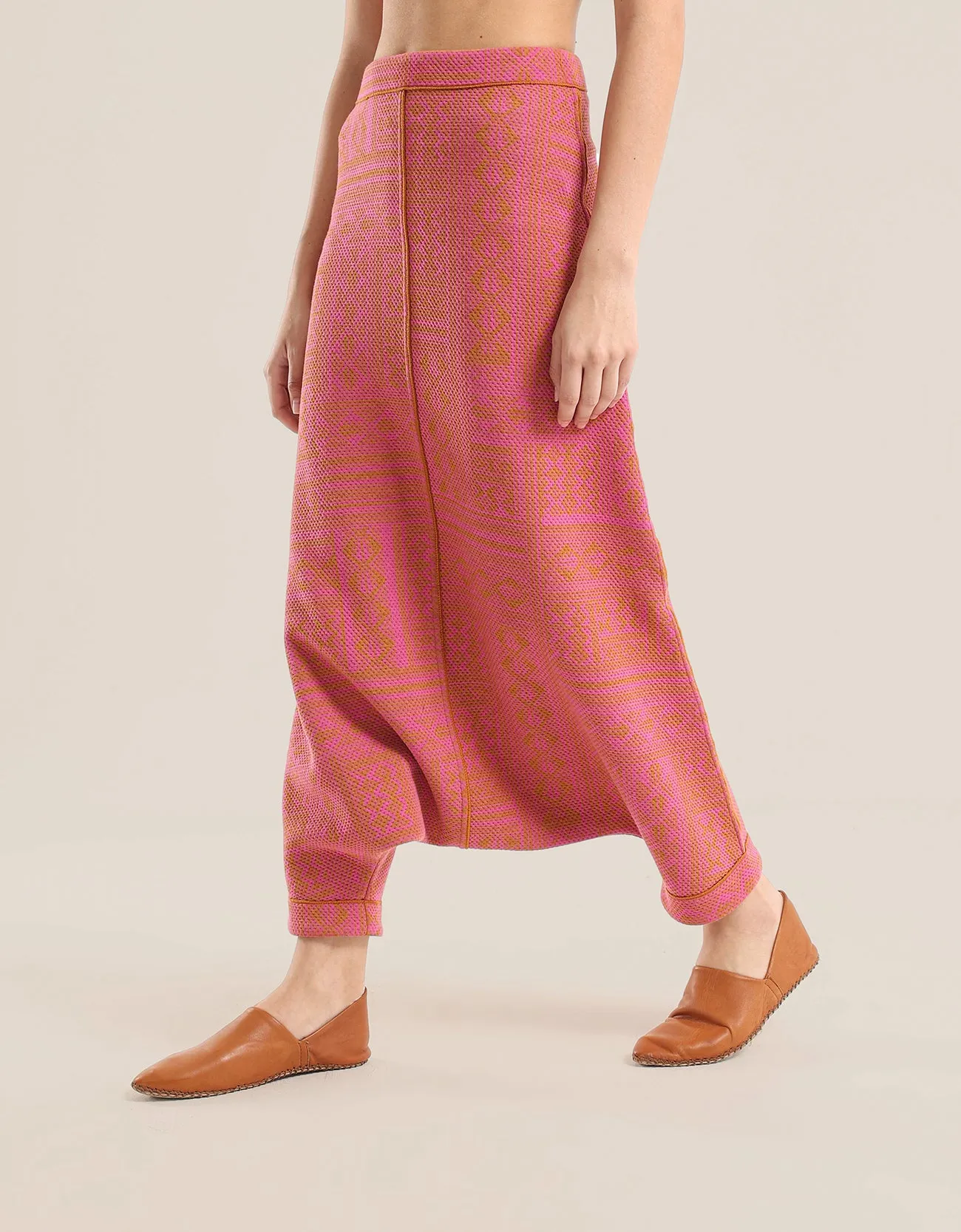 printed quilted  harem pants with contrast colour stitching