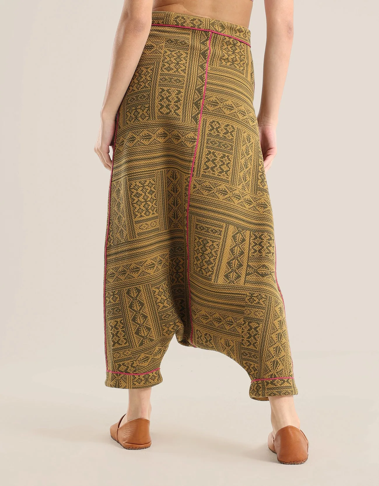 printed quilted  harem pants with contrast colour stitching