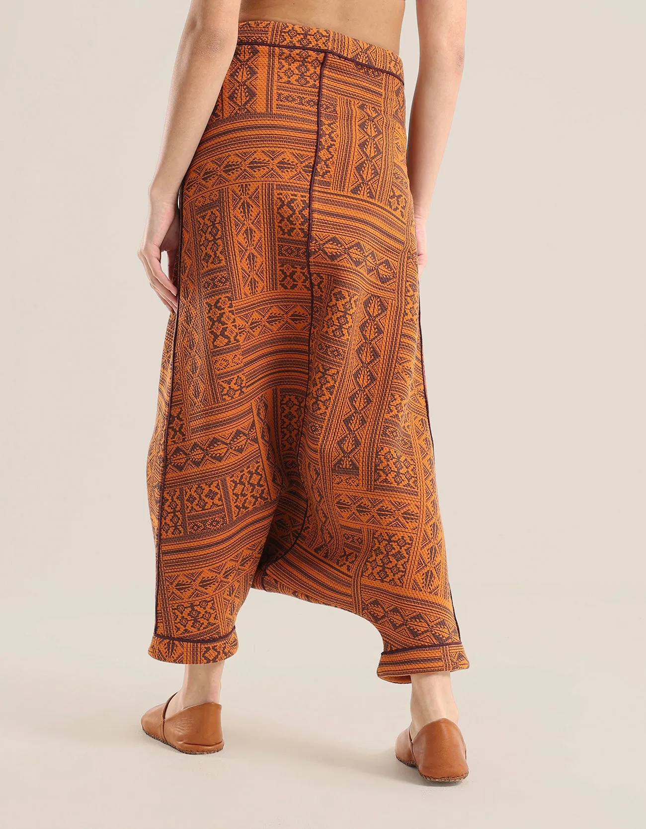 printed quilted  harem pants with contrast colour stitching