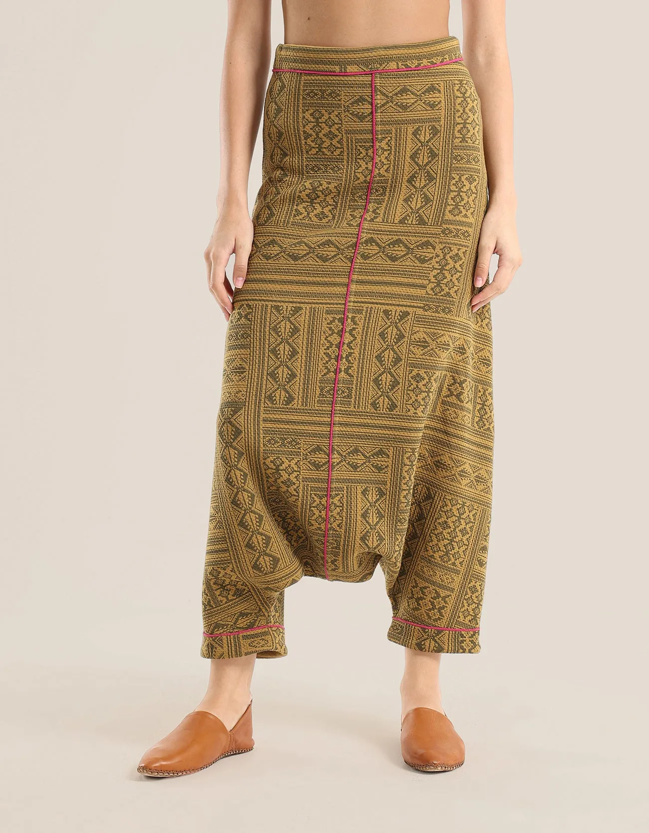 printed quilted  harem pants with contrast colour stitching